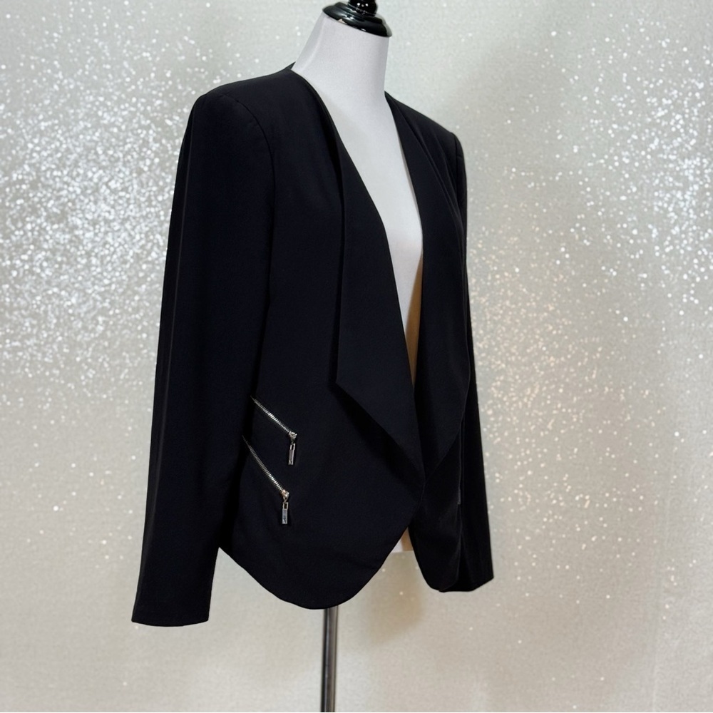 Vince Camuto Black Open Front Blazer Jacket Zip Pocket Career Work Office Womens - Picture 5 of 13